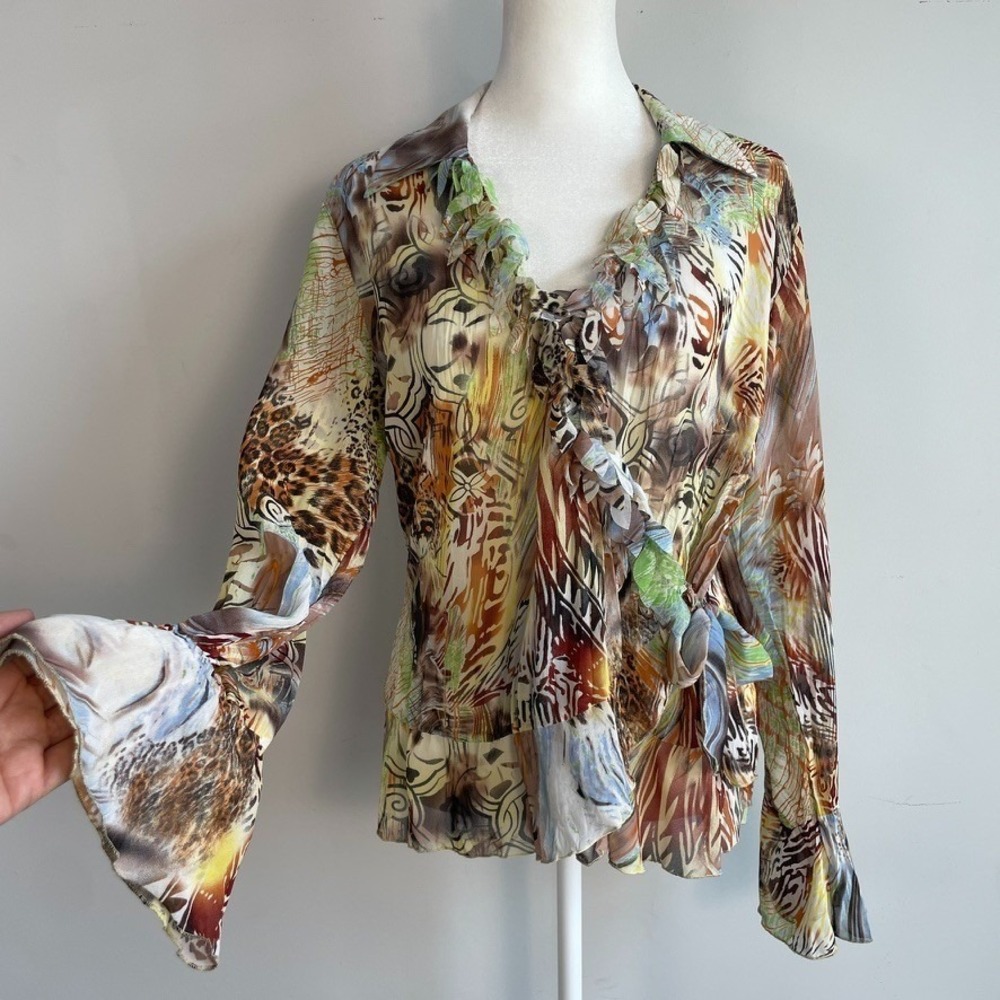 Studio‎ 1940 Abstract Wrap Top Medium Chiffon Semi Sheer Bell Cuffs Art to Wear
